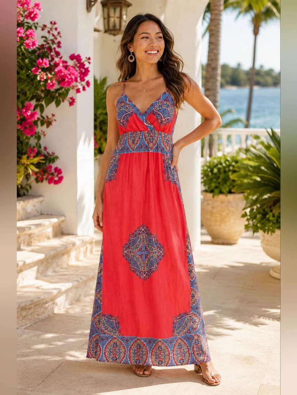 Charlotte Russe Coral Paisley Maxi Dress Size L